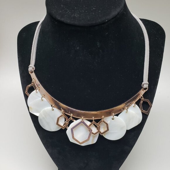 Polished  Rose Gold-tone, shell discs and Leather Statement Necklace - Picture 1 of 8